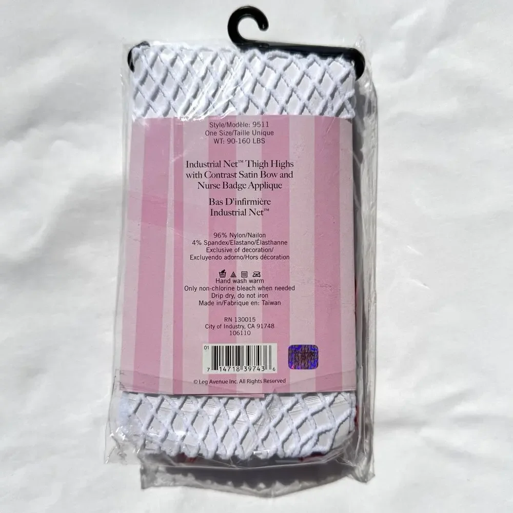 Leg Avenue Industrial Net Thigh Highs Stockings Nurse Bow Red White Fishnet